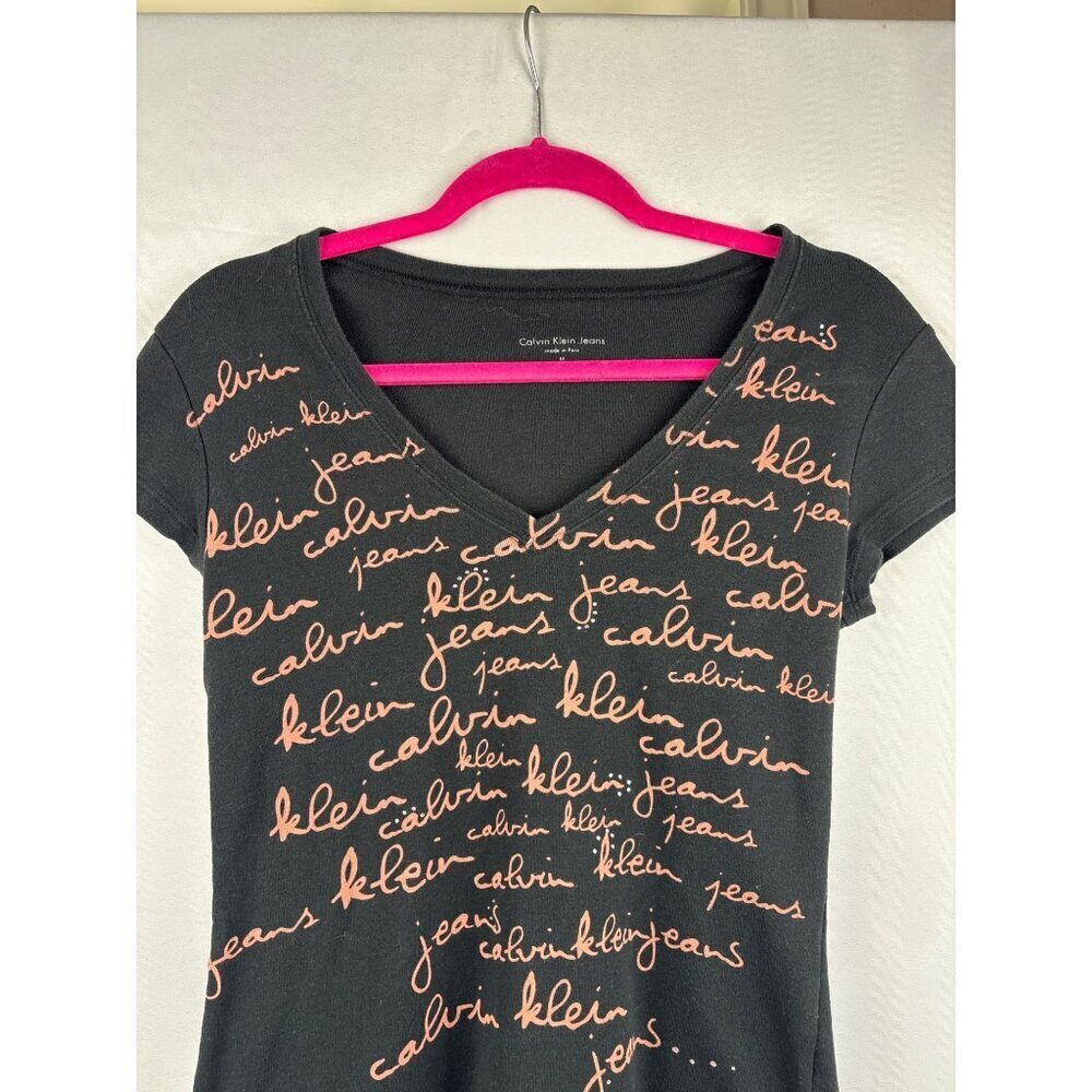 Calvin Klein Jeans Womens Black V-Neck Top With Script Logo Print Medium
